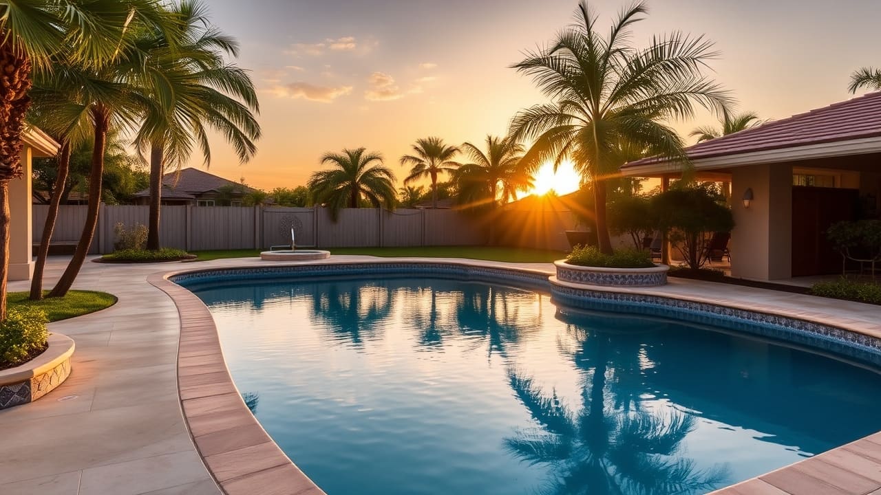 Renovated backyard pool with travertine paver deck at golden hour