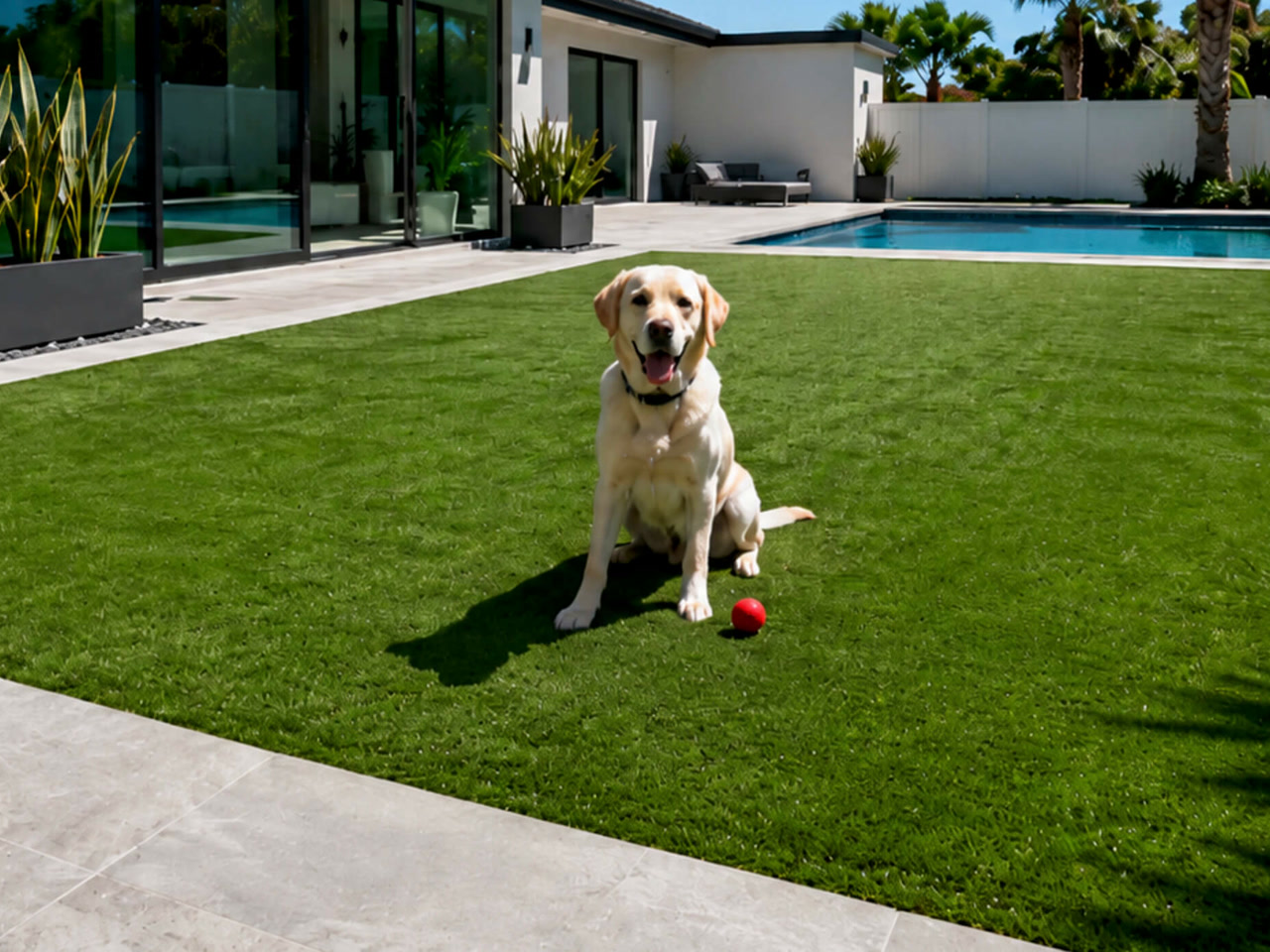 Yellow Labrador sitting on a pet-friendly artificial turf lawn beside a pool