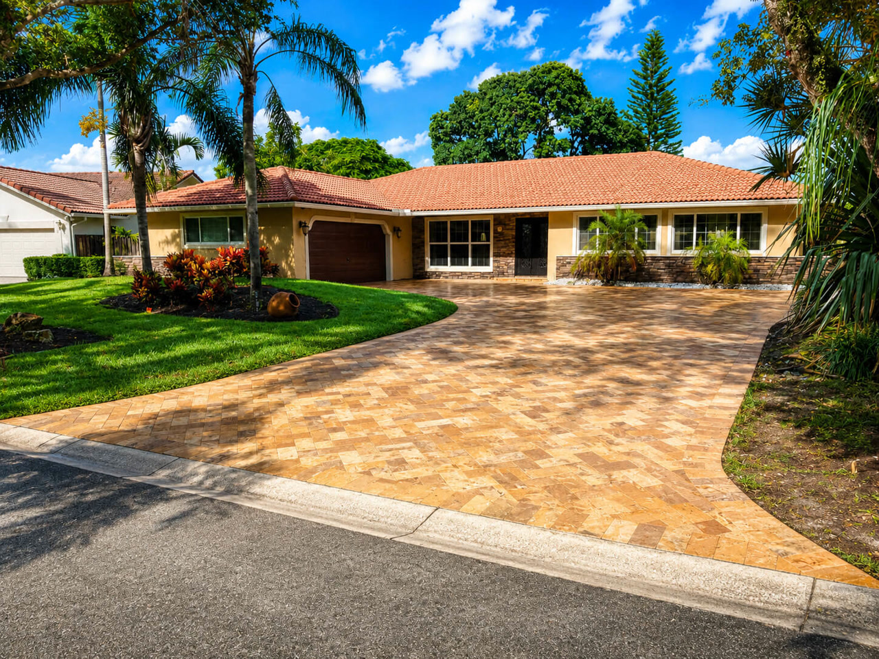 Wide travertine paver driveway in a herringbone pattern curving up to a terracotta tile roof home, on a Deerfield Beach property