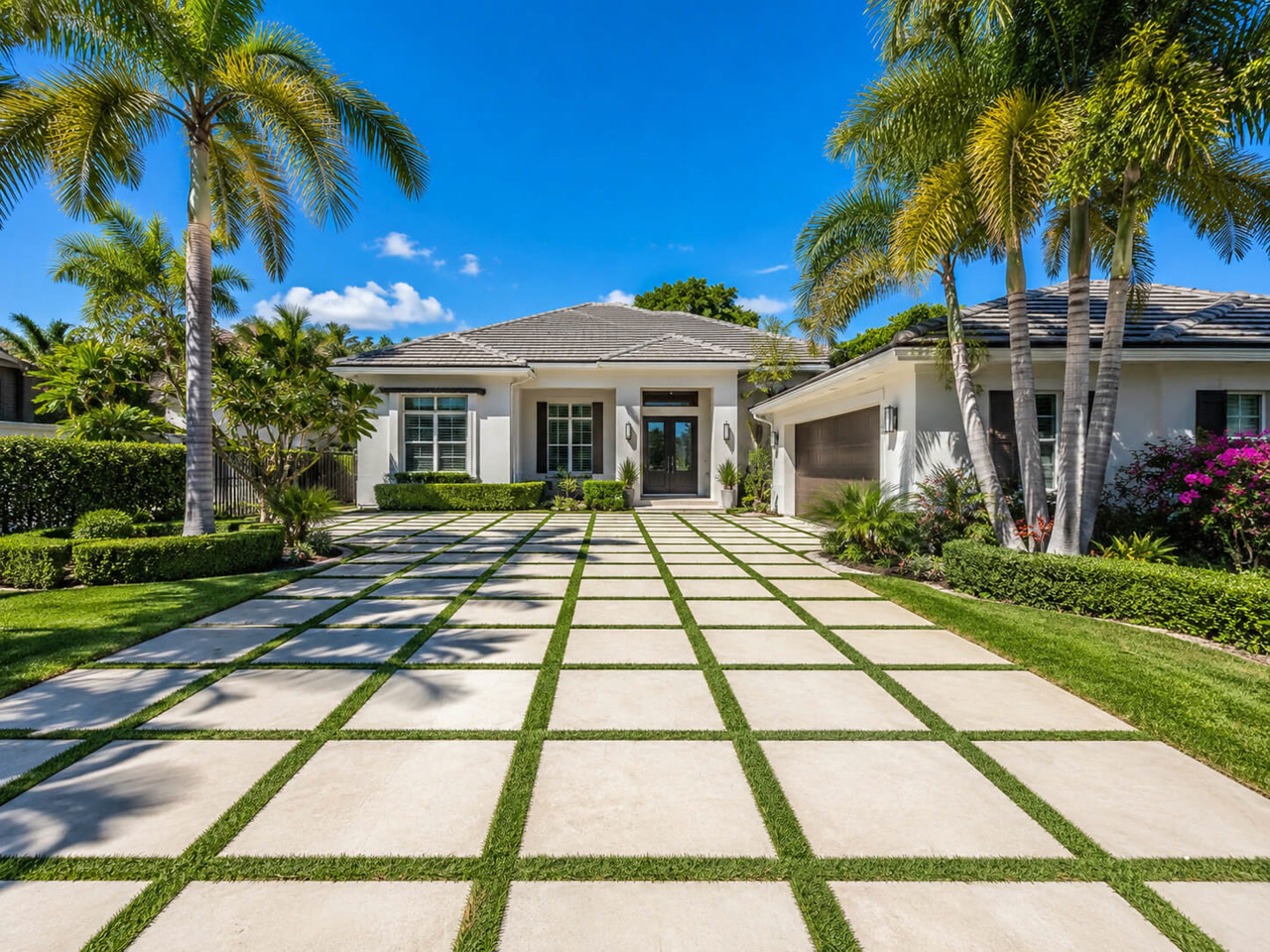 Paver driveway with large concrete pavers and grass joints leading to a modern white home framed by royal palms in Parkland