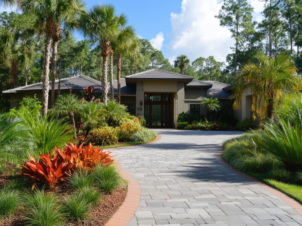 Gray paver driveway widening into an entry court edged with a brick border and tropical landscaping at a West Lake home