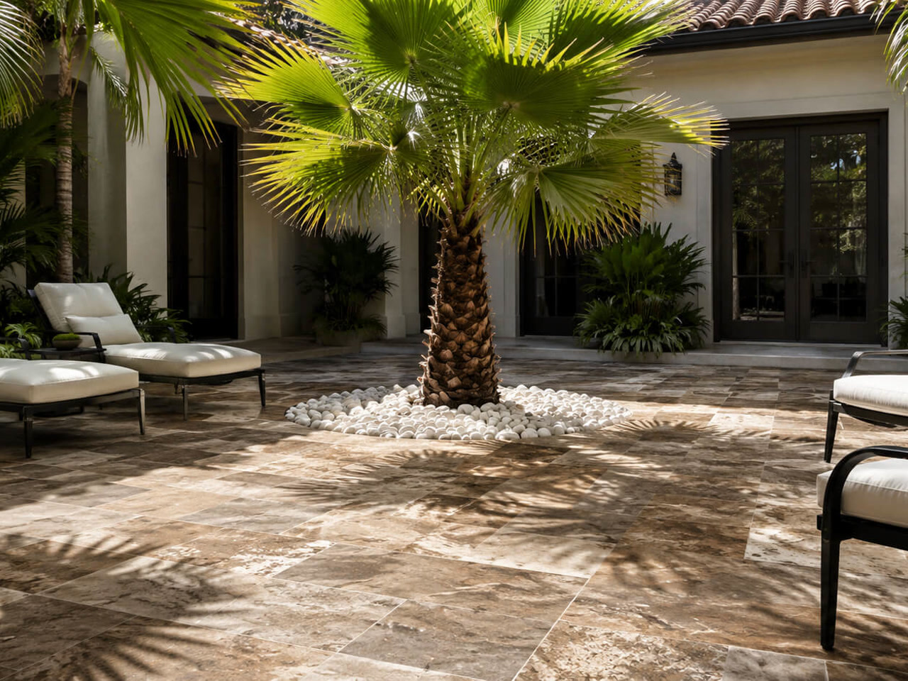 Travertine paver courtyard with a fan palm in white stones at a Deerfield Beach residence