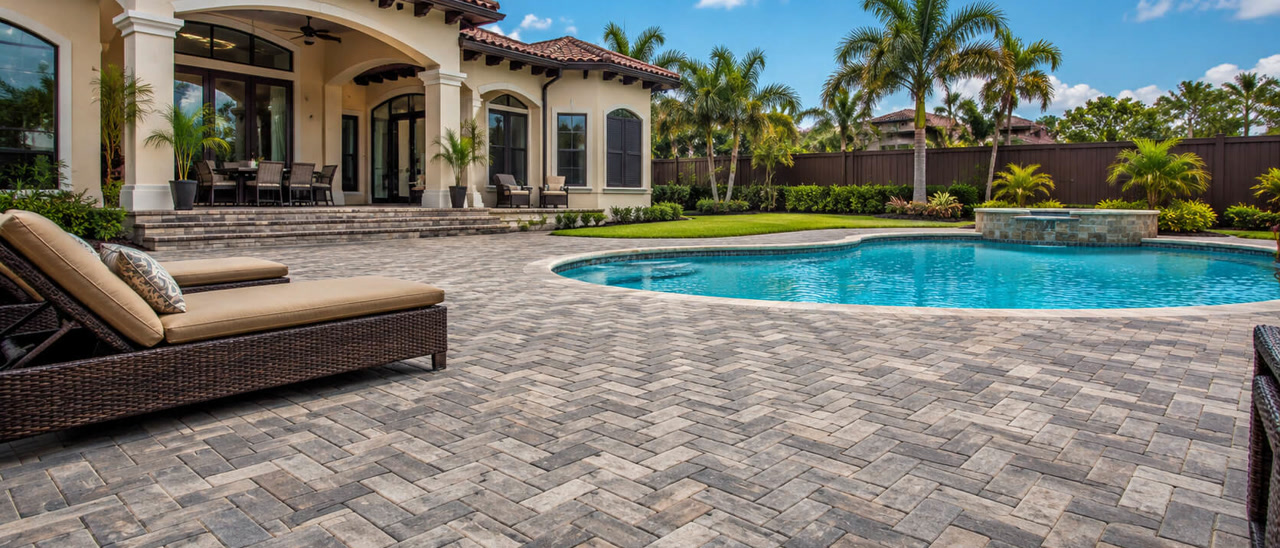 Herringbone paver patio wrapping a freeform pool and elevated spa at a Mediterranean style Delray Beach home