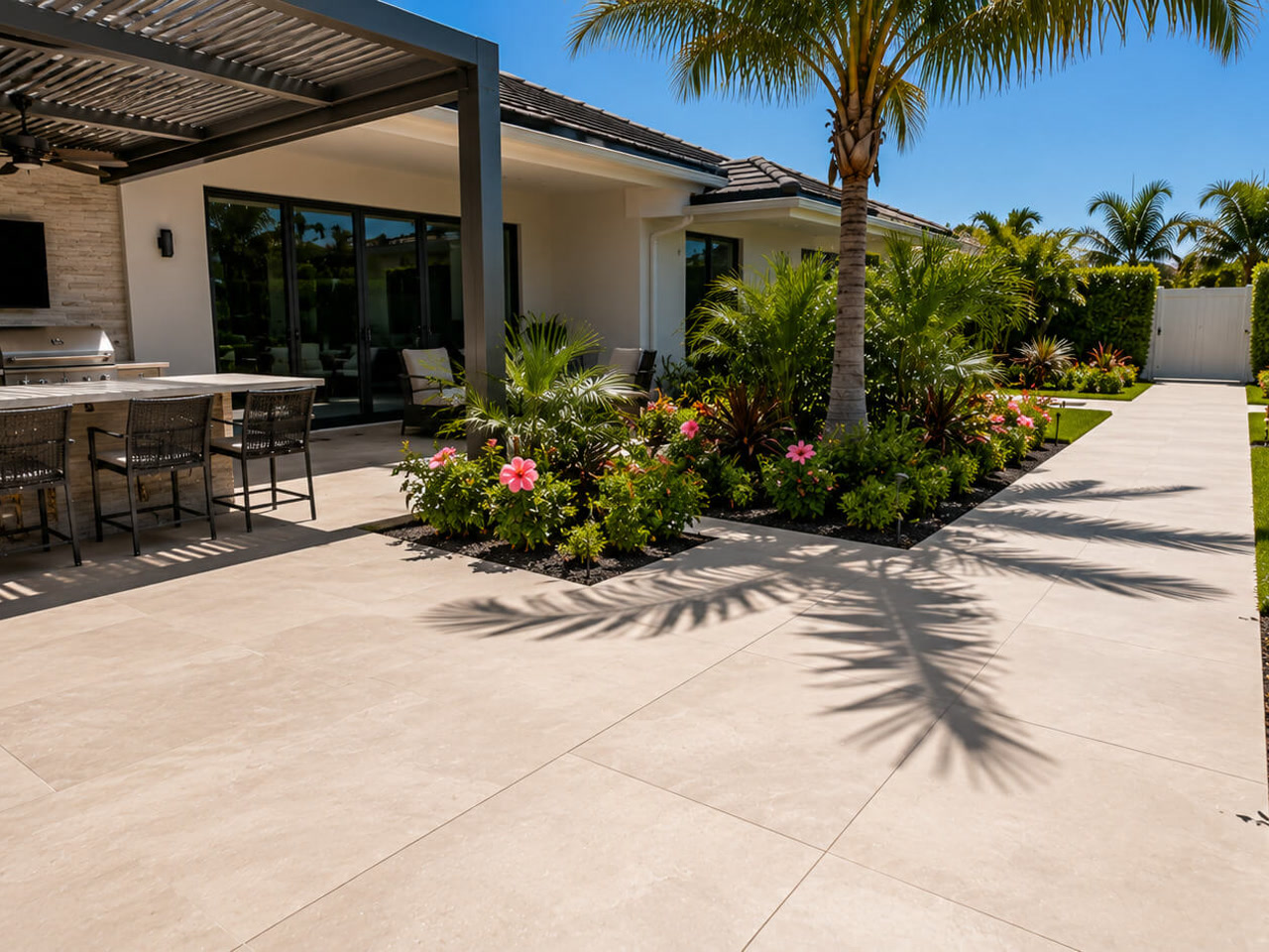 Cream paver patio at an outdoor kitchen under a pergola in a Greenacres backyard