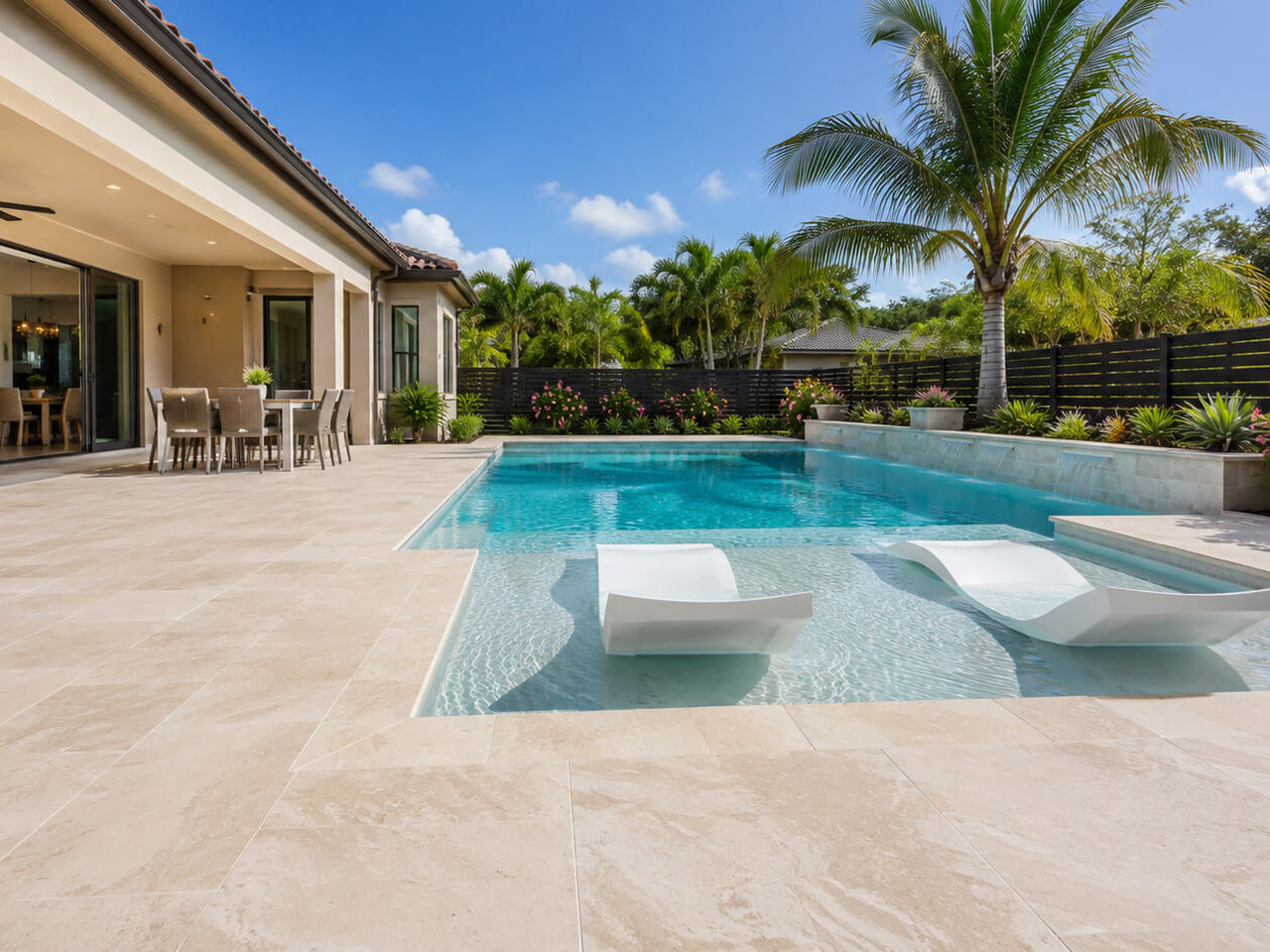 Two white loungers rest in a sun shelf pool framed by an ivory travertine deck in Gulfstream