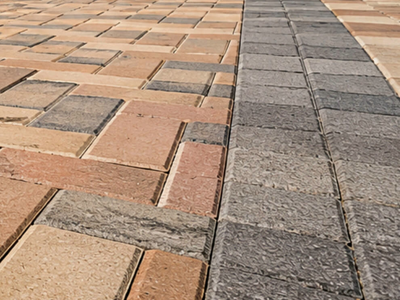 Floor-level view of a charcoal border band running through a tan paver patio in Hypoluxo
