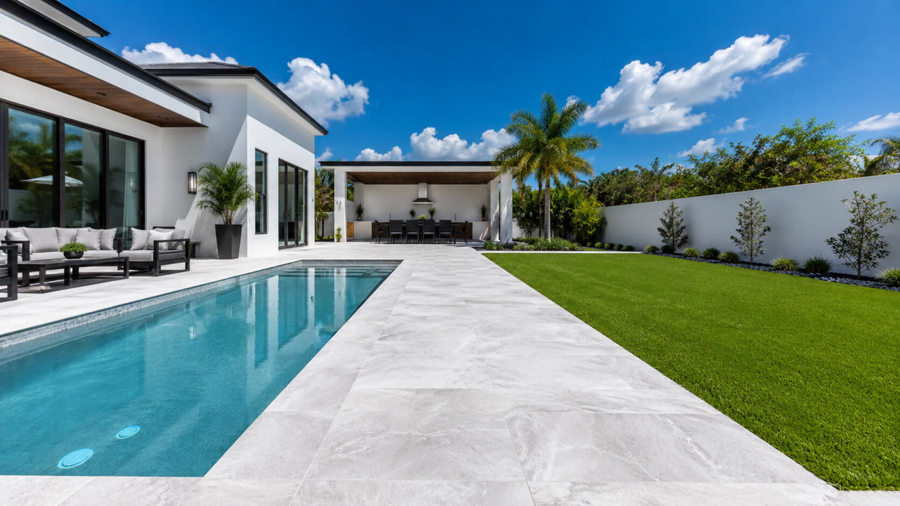 Renovated backyard with a light gray paver walkway running between a lap pool and the lawn in a Juno Beach neighborhood