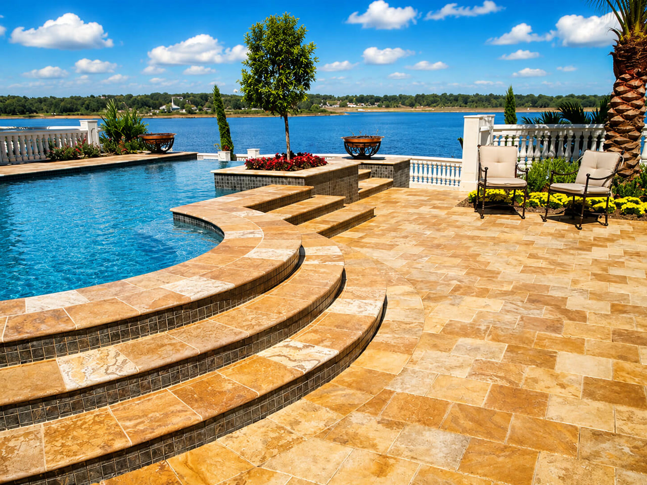 Finished two tone travertine paver pool deck with curved steps leading down to a lakefront pool on a Deerfield Beach property