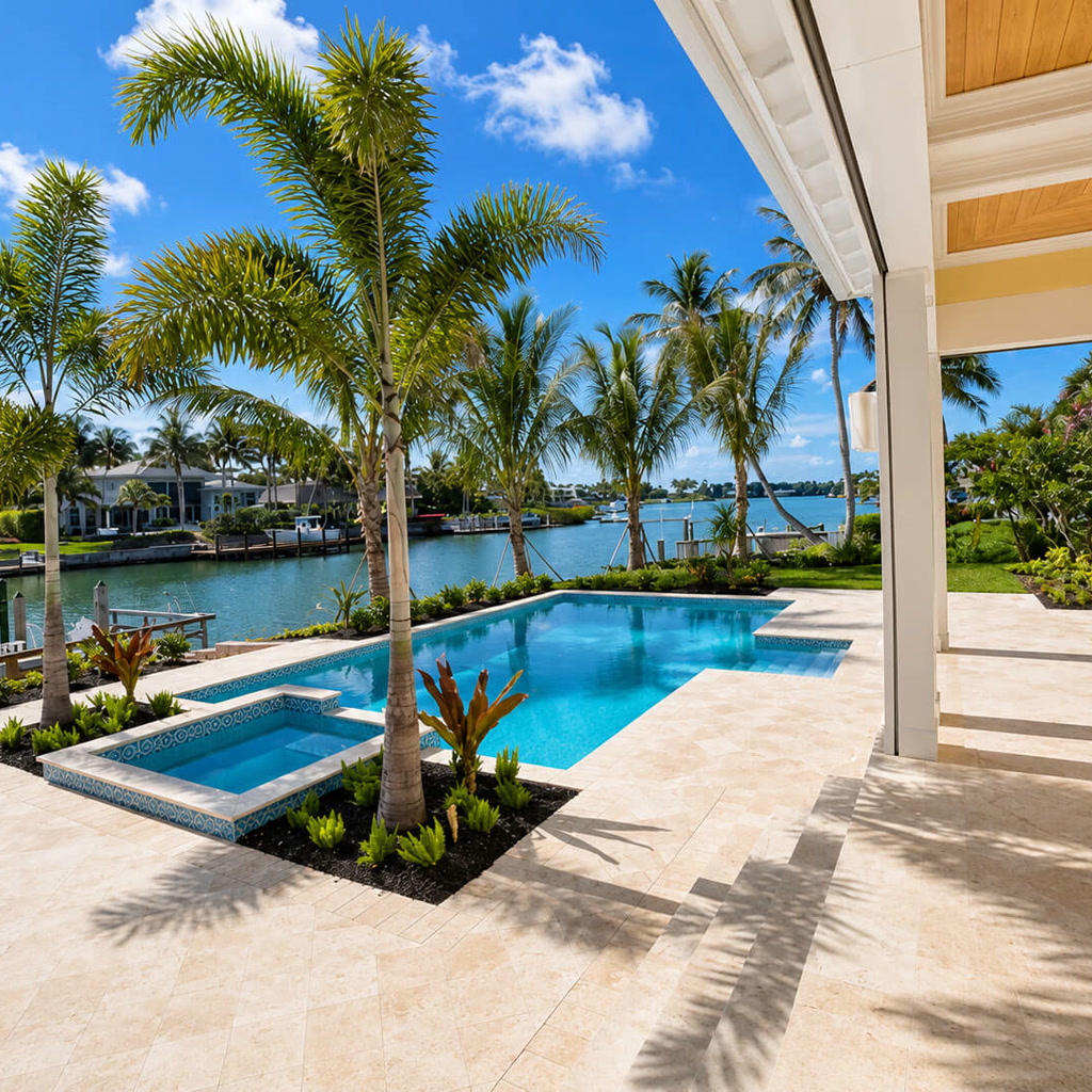 Ivory travertine paver deck connecting a covered lanai to a pool and spa on a Parkland waterfront lot