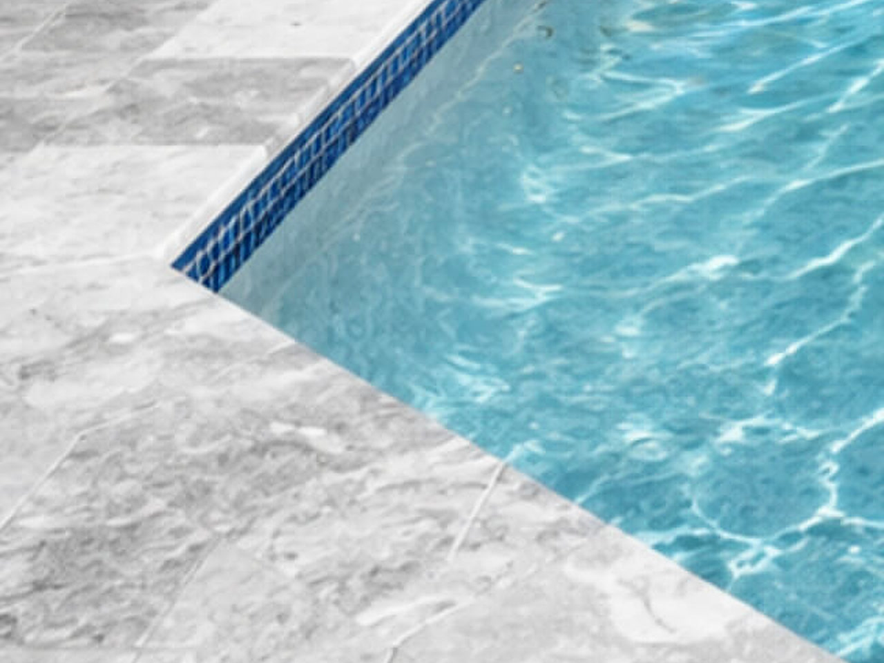Squared gray marble pool coping meeting a cobalt mosaic waterline band on a Coconut Creek property