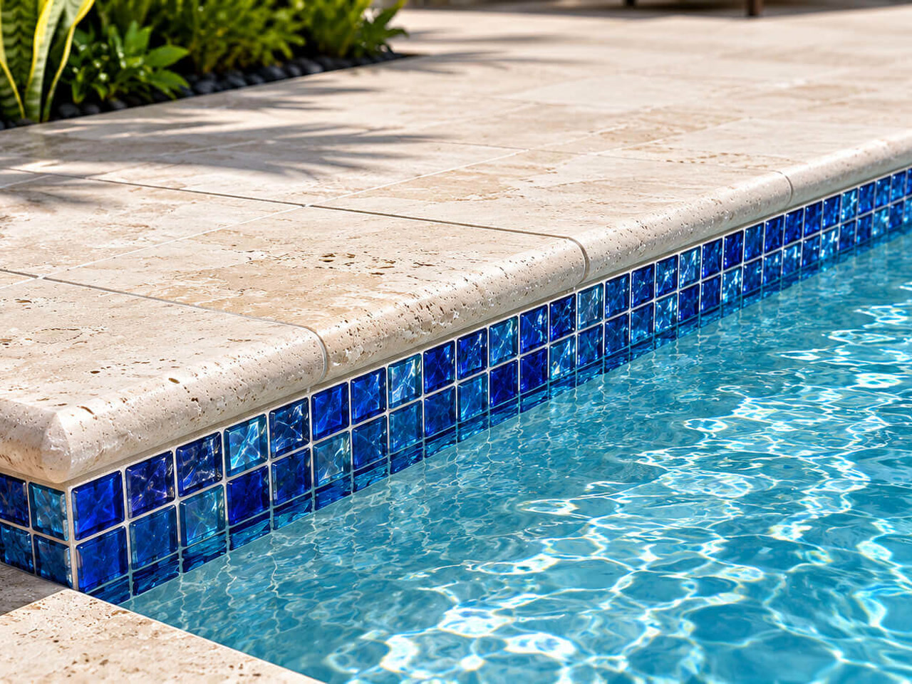 Bullnose travertine coping paired with a cobalt and turquoise glass tile band along the pool edge on a Greenacres property