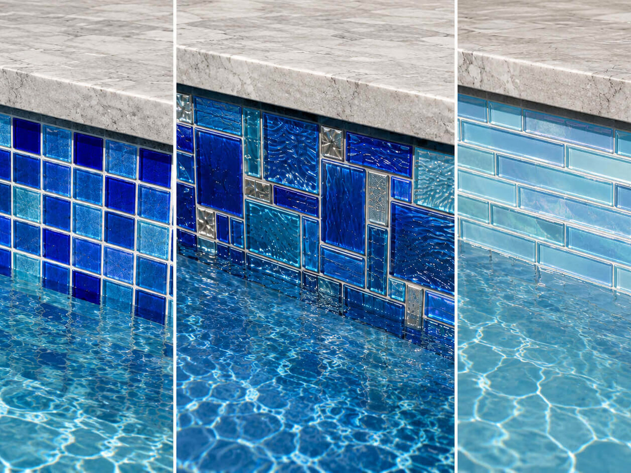 Three glass waterline tile options side by side, from cobalt mosaic squares to a light aqua subway pattern, on a Jupiter Island property