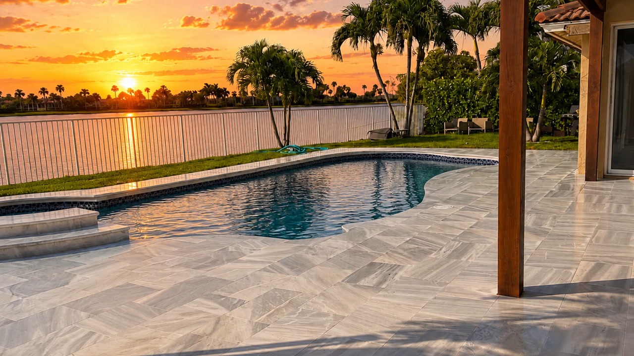 Renovated free-form pool at sunset with a herringbone marble deck overlooking a lake at a Lake Worth Beach home