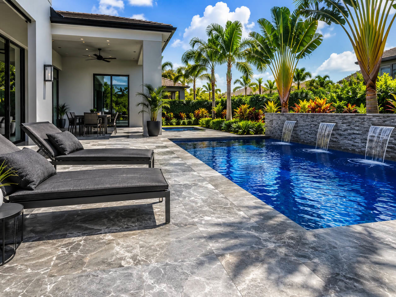 Renovated cobalt-blue pool with three sheer descent waterfalls over a stacked stone wall in a Palm Beach Gardens backyard