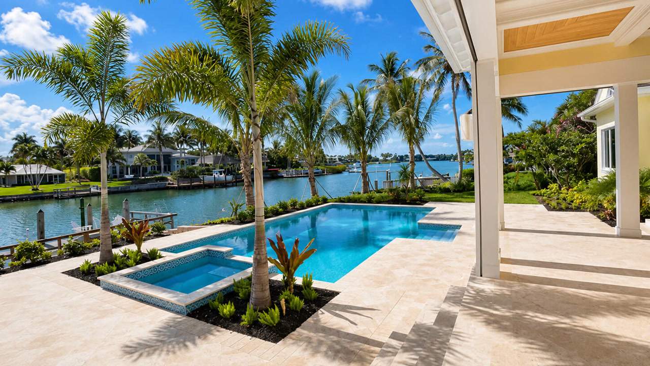Pool renovation with a blue tile-lined pool and spa, travertine deck and palm-lined waterfront view at a West Palm Beach home