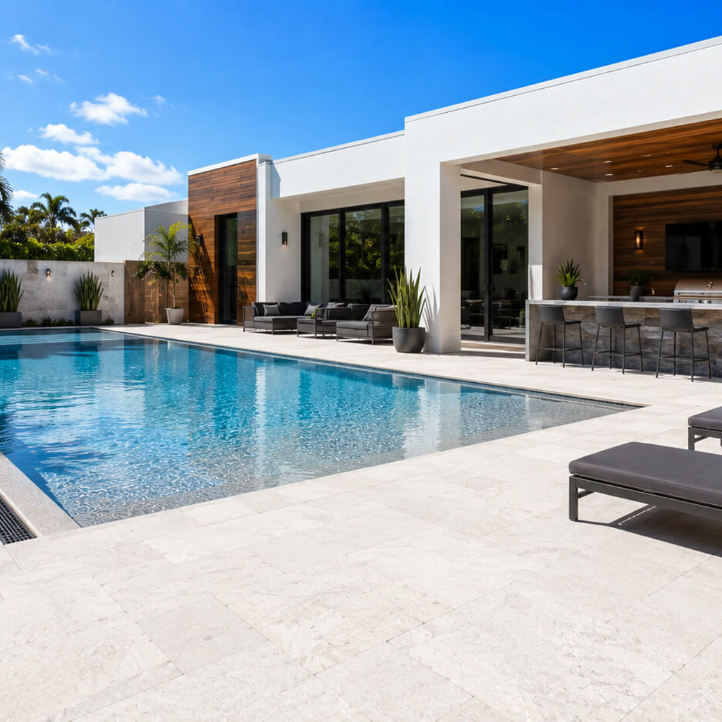 Renovated lap pool alongside a covered outdoor kitchen and lounge on a pale stone deck in West Palm Beach