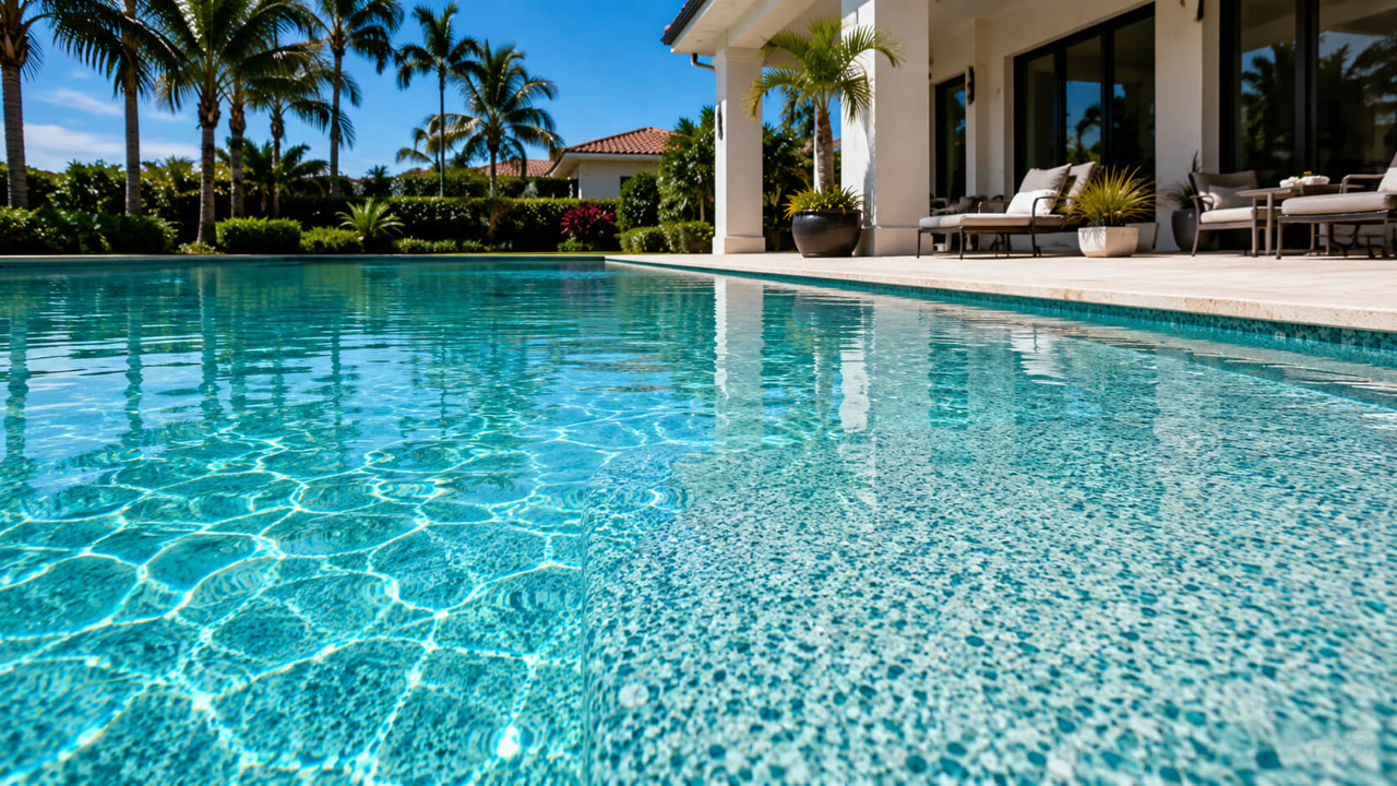 Resurfaced pool with a blue green pebble finish visible under clear water, beside the covered patio of a Greenacres home