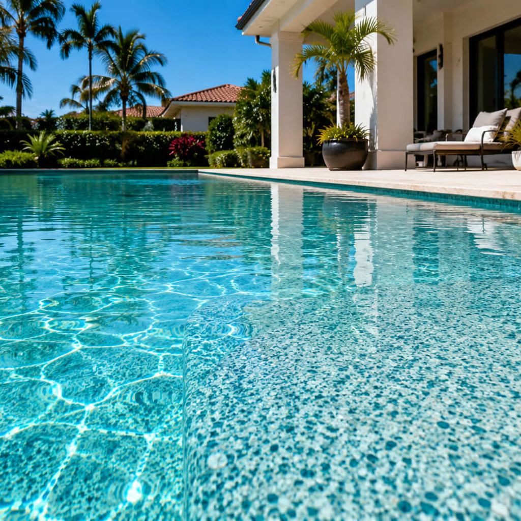 Resurfaced pool whose pebble finish coordinates with the travertine deck and covered patio seating in a Gulfstream neighborhood