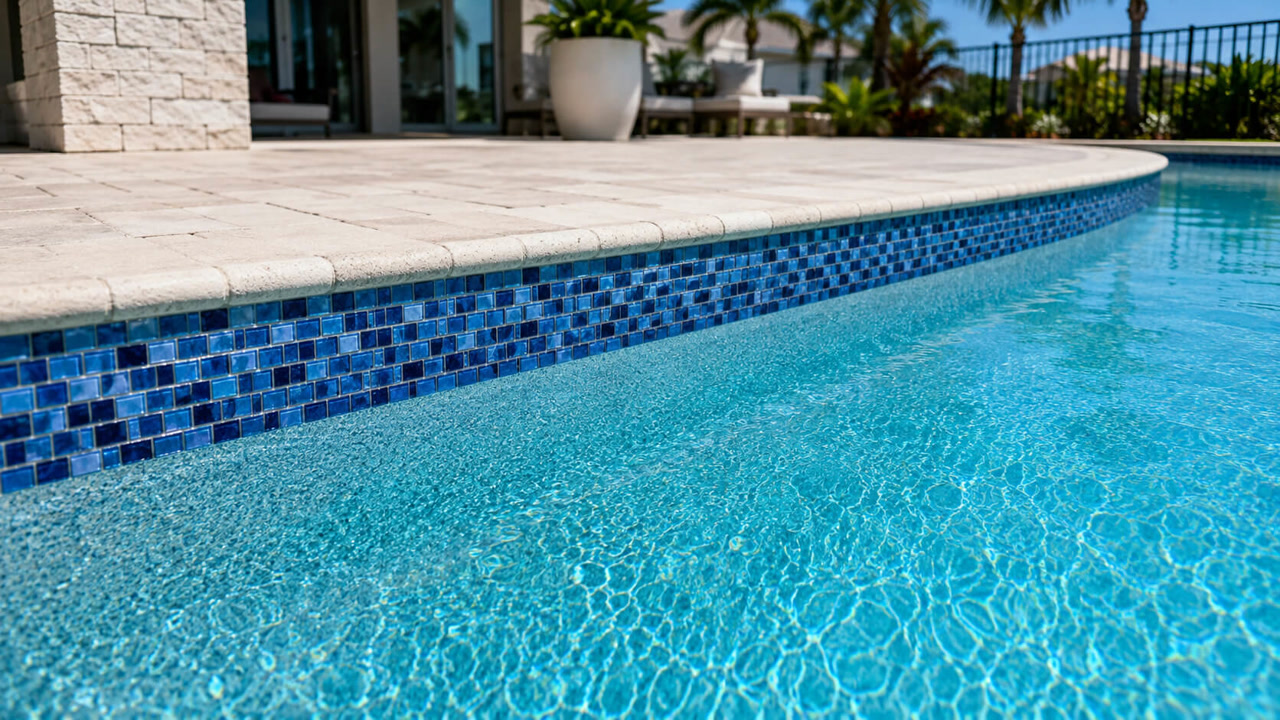 Renovated pool edge with new blue glass mosaic waterline tile under a bullnose travertine coping for a Hypoluxo homeowner