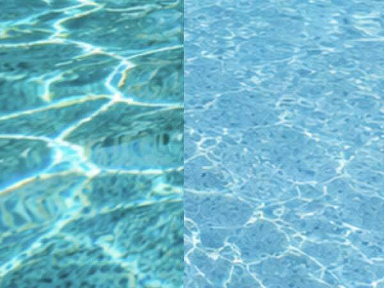 Side by side comparison of pool water over a dark teal finish and a light blue finish in a Lake Worth Beach backyard