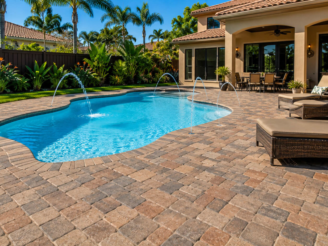Freeform resurfaced pool with arcing deck jets and a tumbled paver deck at a Mediterranean style Palm Beach Gardens home