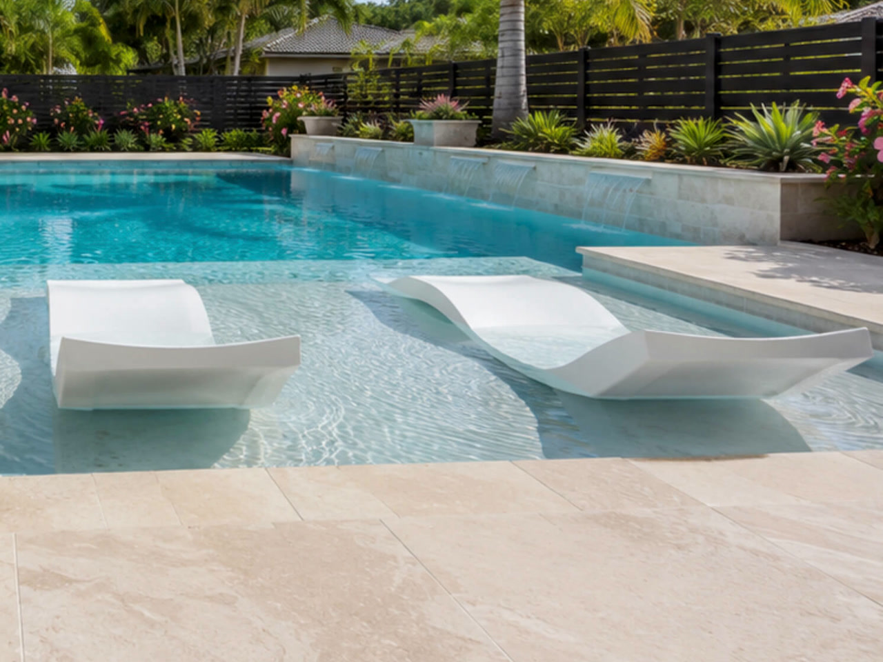 Tanning ledge with two white in water loungers at a Boca Raton home, sheer descents spilling from a stone wall behind