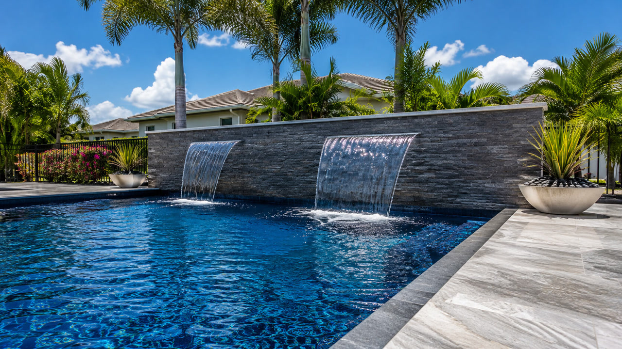 Sheer descent waterfall spilling from a gray stacked stone wall into a deep blue pool at a Greenacres home