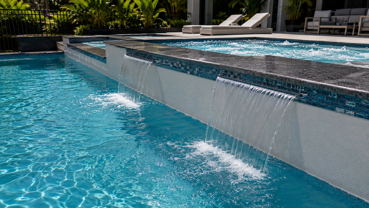 Renovated Loxahatchee pool with sheer descents pouring from a raised spa wall trimmed in blue glass mosaic tile