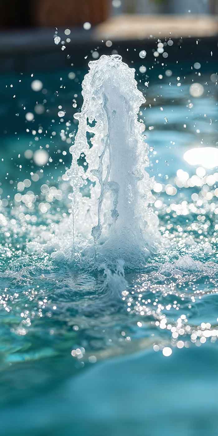 Close-up of a pool bubbler water feature spraying in a modern Parkland pool