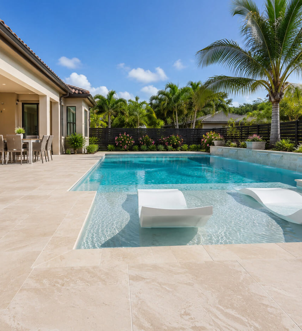Sun shelf with two white in water loungers beside a travertine deck and covered lanai at a Wellington residence