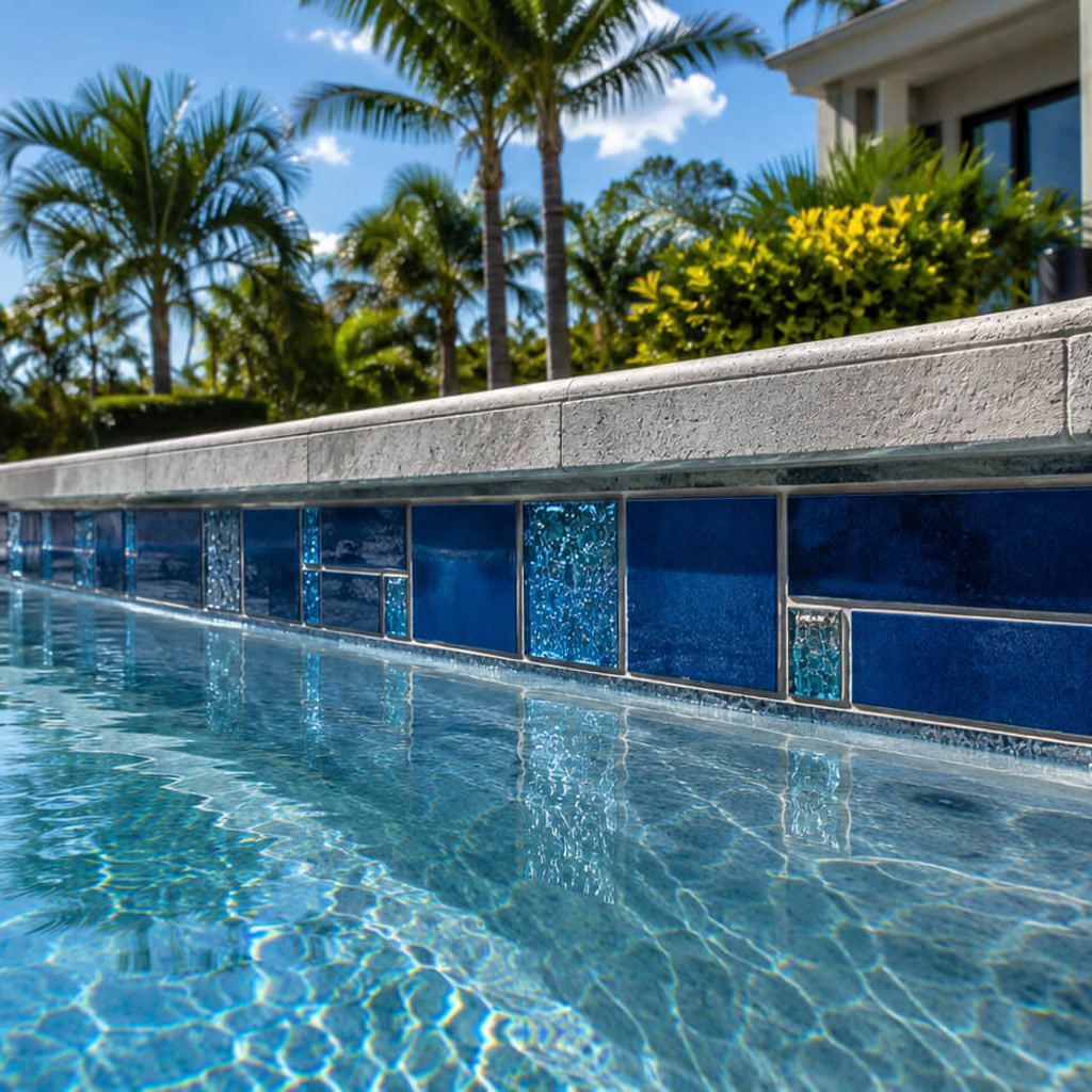 Pool edge combining gray stone coping with cobalt and turquoise glass tile, matched to the surrounding landscape in a Boca Raton backyard