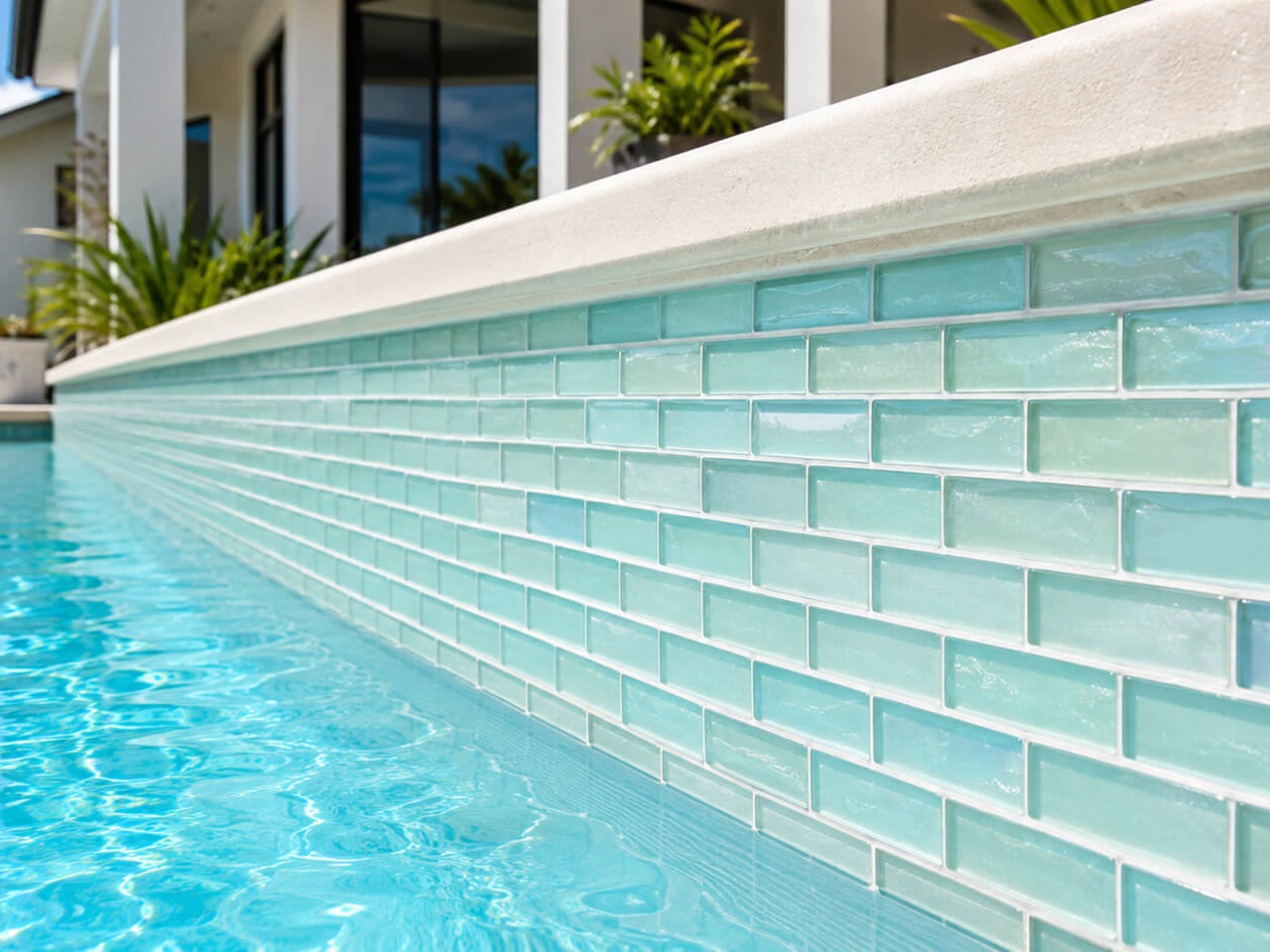 Turquoise glass subway waterline tile running the length of a Boca Raton pool under a cream cast concrete coping