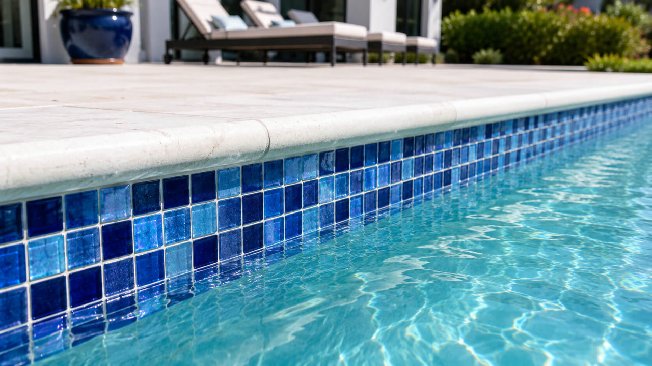 Blue glass mosaic waterline tile under a bullnose travertine coping at a Greenacres pool