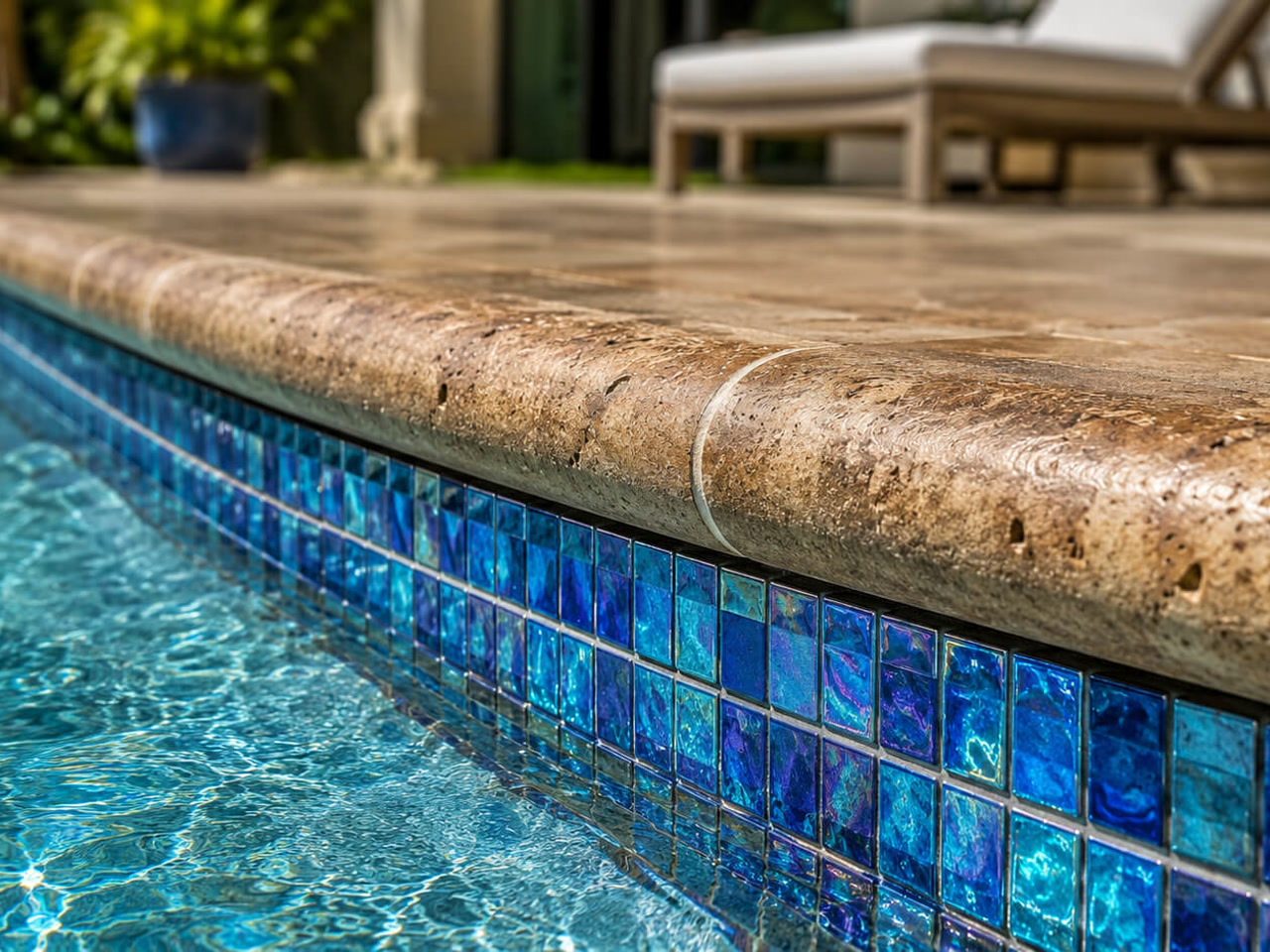 Close up of iridescent blue glass waterline tile beneath a tumbled travertine bullnose coping at a Jupiter residence