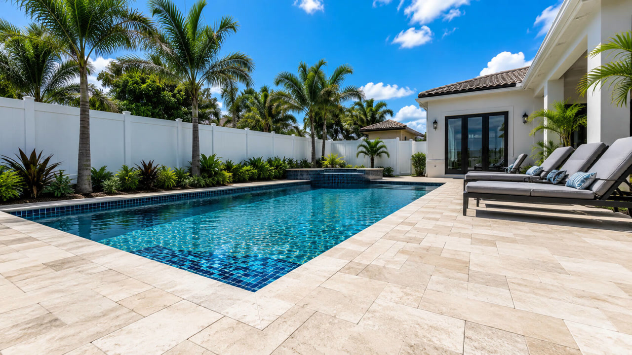 Pool with a fully renovated edge, deep blue waterline tile and travertine coping wrapping the spa on a Lake Worth Beach property