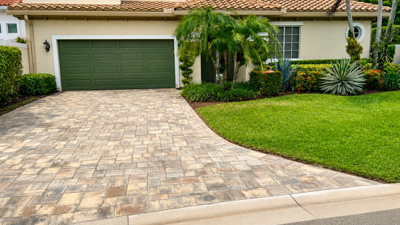 Renovated paver driveway in tan running bond leading to the green garage door of a two story Florida home